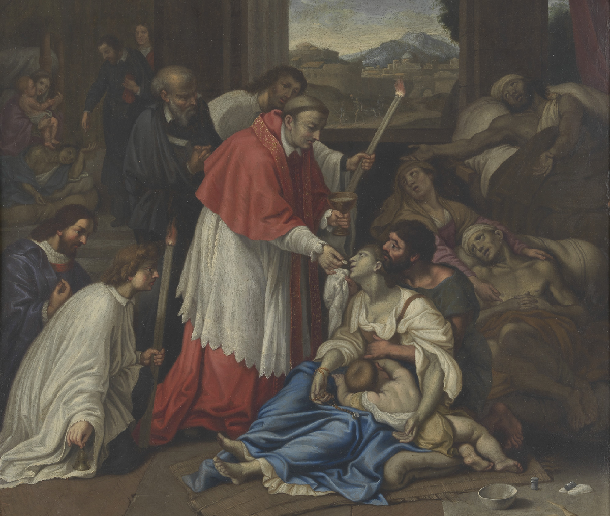 Карл Борромео апмчащает умирающих от чумы