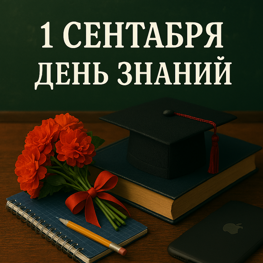 📸 Обложка: букет цветов, школьные принадлежности, тёплый деревянный фон и надпись «1 СЕНТЯБРЯ — ДЕНЬ ЗНАНИЙ». Всё, что ассоциируется с началом учебного года.