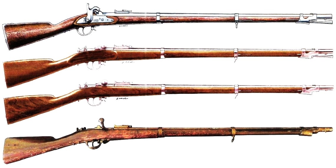 Предшественники винтовки Веттерли. Сверху вниз: пехотный нарезной мушкет обр. 1860 года, переделочная винтовка обр. 1867 года, Переделочная винтовка обр. 1867 года с новым прикладом, игольчатая винтовка каркано обр. 1867 года.