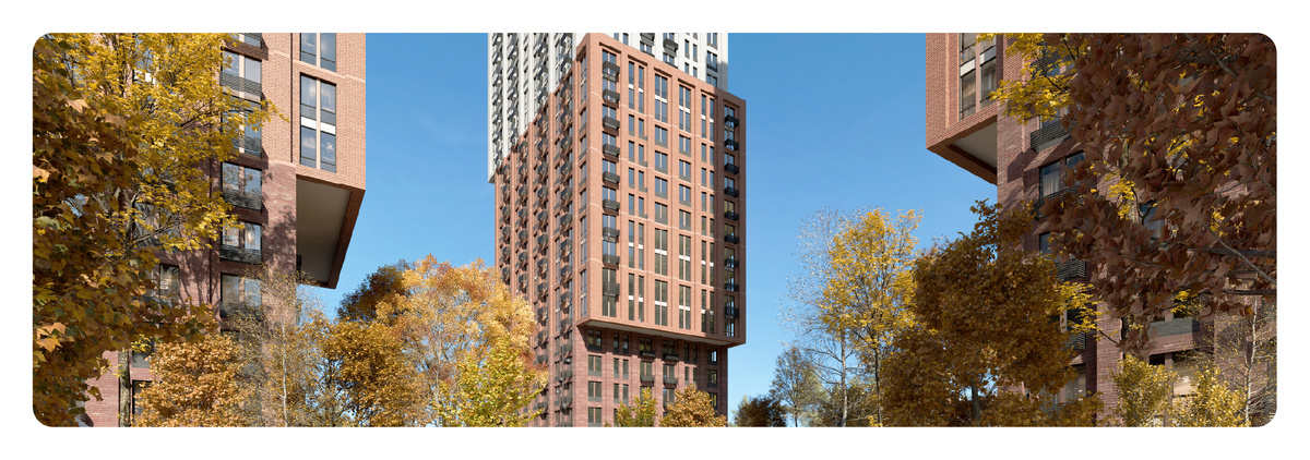 Красивая архитектура, просторная и безопасная территория жилого комплекса

