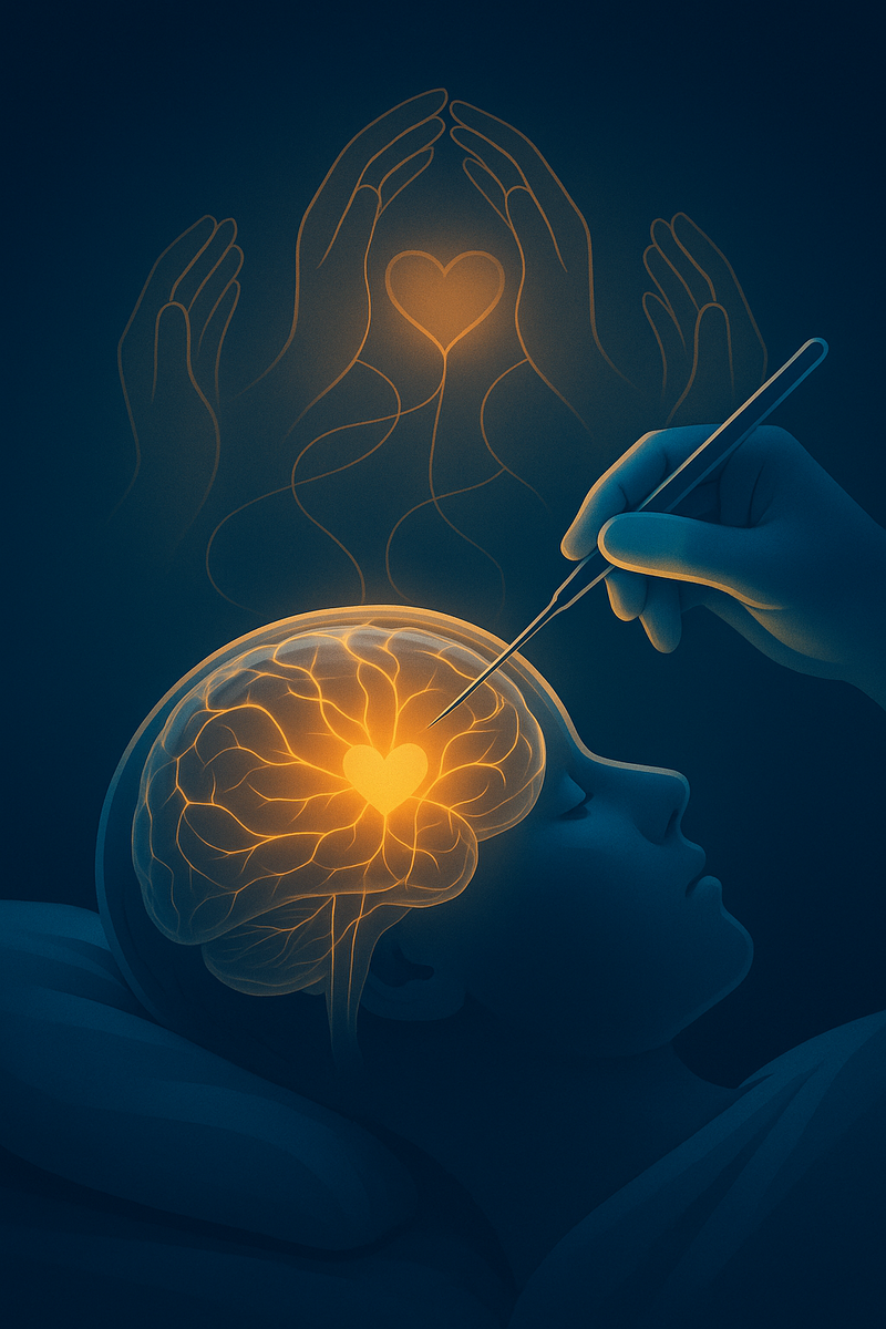 Краткое описание: хрупкий «стеклянный» мозг под светом операционной; рука хирурга касается его тонким инструментом, а вокруг мягким золотым сиянием проявляются контуры рук и сердца — сознание как союз нейронов, заботы и любви.