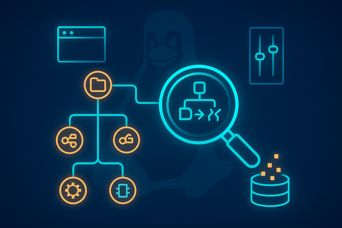 Краткое описание: лупа над древом процессов, вокруг иконки файлов, сокетов, CPU/памяти и панель фильтров; внизу цилиндр-«база» принимает поток событий — визуальная метафора ProcMon-for-Linux: наблюдение системных вызовов и запись в SQLite, без текста и брендов.