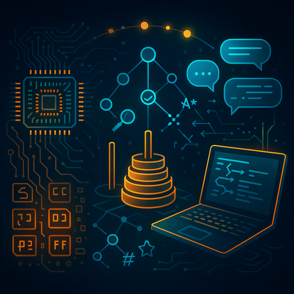 Краткое описание: слева — «ретро» 8-битный чип с пиксельными символами, по центру башня Ханой с ветвящимся графом поиска, справа ноутбук с облачками-подсказками ИИ; золотая дуга соединяет сцены, показывая путь от ассемблера к «английскому как коду», без текста и брендов.