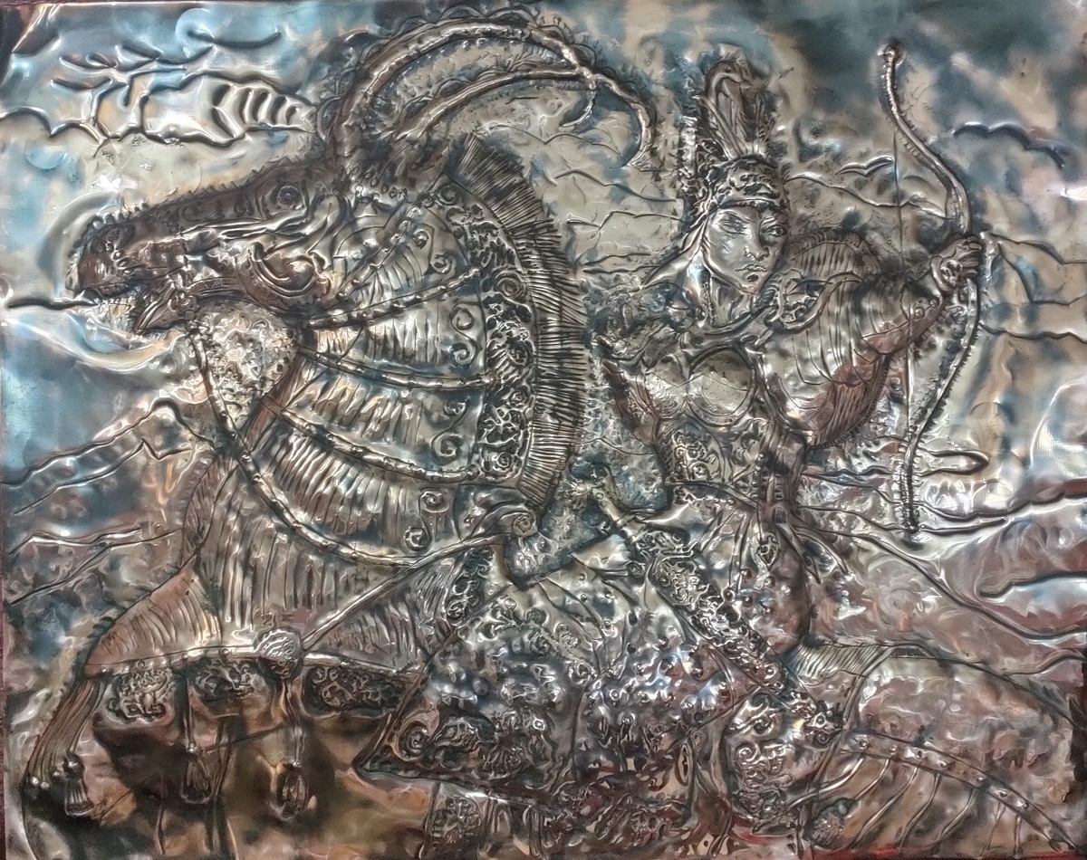 Чеканка. " Воительница " .Медь. 75х60 Иркутск 2022 г. 