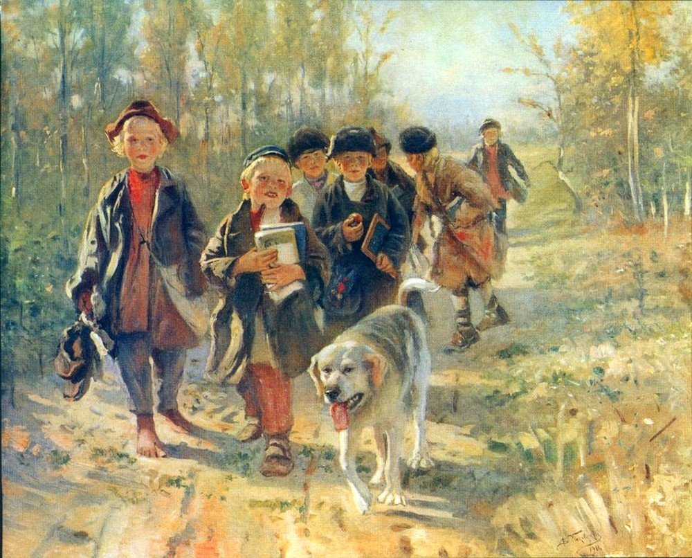 Владимир Егорович Маковский, «В школу с собакой», 1911 год
