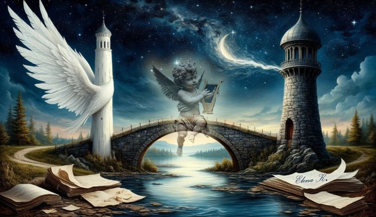 Мост из звёздных чернил и ангел-хранитель с арфой. Творчество — это мост между мирами, а вдохновение — его вечный проводник.