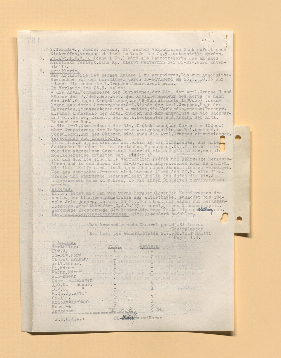 Основное: Северная группа 3-го АК удерживает свои прежние позиции южнее оз. Верхнее Чёрное, временно переходит к обороне достигнутых рубежей на севере и готовится, как только улучшится проходимость дорог, к продолжению наступления для занятия более выгодных позиций между озёрами Верхнее Чёрное и Нижнее. Дивизии СС «Норд» 26 мая в 18:00 от дивизии J передаётся ответственность за новый участок фронта севернее её прежнего участка до озера Нижнее, а также ставится задача по прикрытию левого фланга северной группы корпуса севернее озера Нижнее. Дивизии СС «Норд» выставить в районе северо-восточного выступа озера Нижнее постоянный полевой караул составом около роты и вести оттуда разведку до озера Аштахма. Вместе с новым участком дивизии СС «Норд» передаются в подчинение находящиеся там боевая группа Boysen, 99-й самокатный батальон и две сапёрных роты 7-й горной дивизии. Для командования новым участком в подчинение дивизии СС «Норд» вступает командир 7-й горной дивизии полковник Krakau со своим временным штабом, прибывающий предположительно 24 мая.