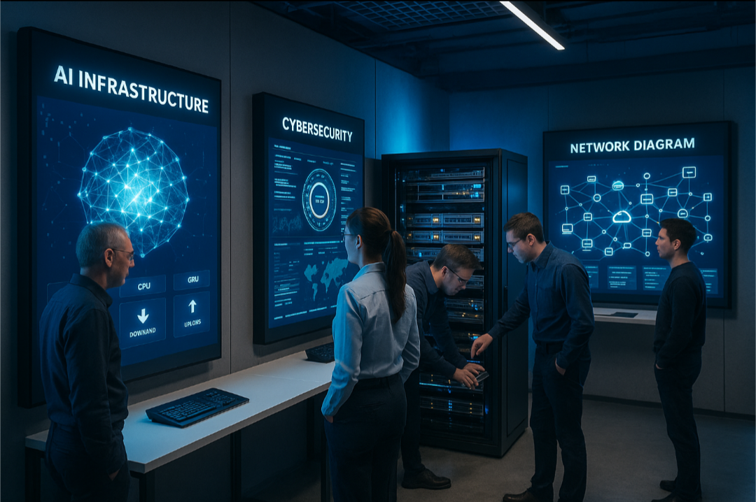 Демонстрационная зона с интерактивными стендами ИИ-инфраструктуры и кибербезопасности