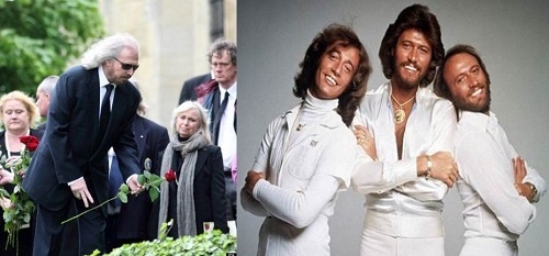 Барри Гибб на похоронах и группа Bee Gees в составе: Робин, Барри и Морис Гибб