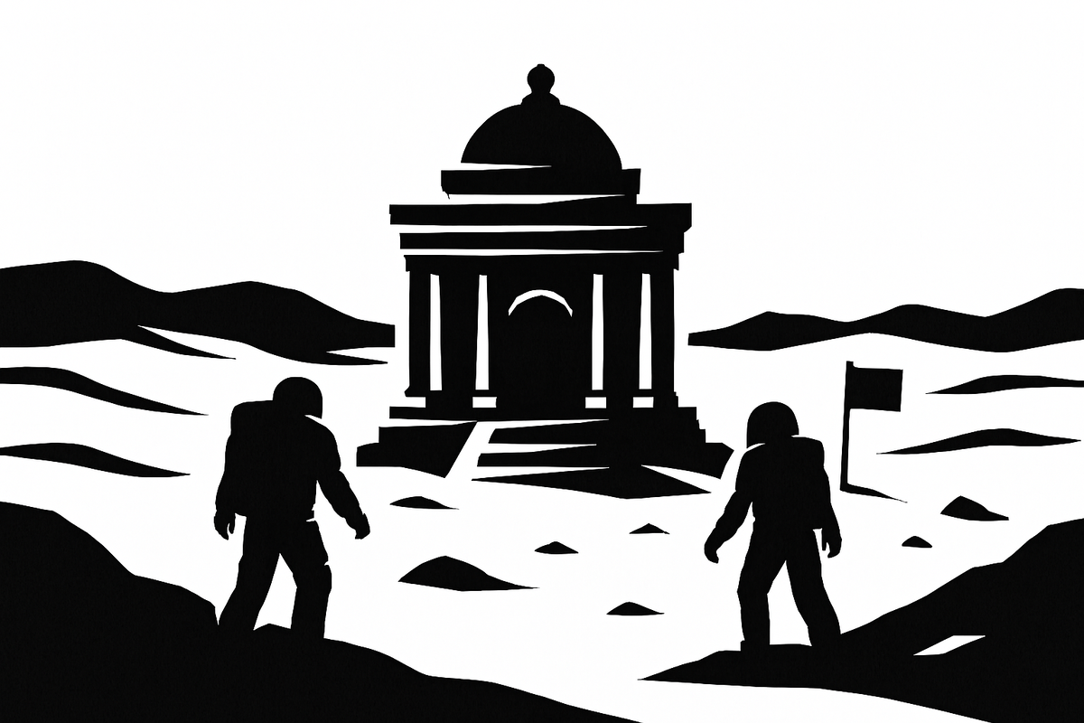 Астронавты у марсианского храма: чёрные силуэты на белом фоне, как тени будущего, исследующие загадки далёкой планеты.