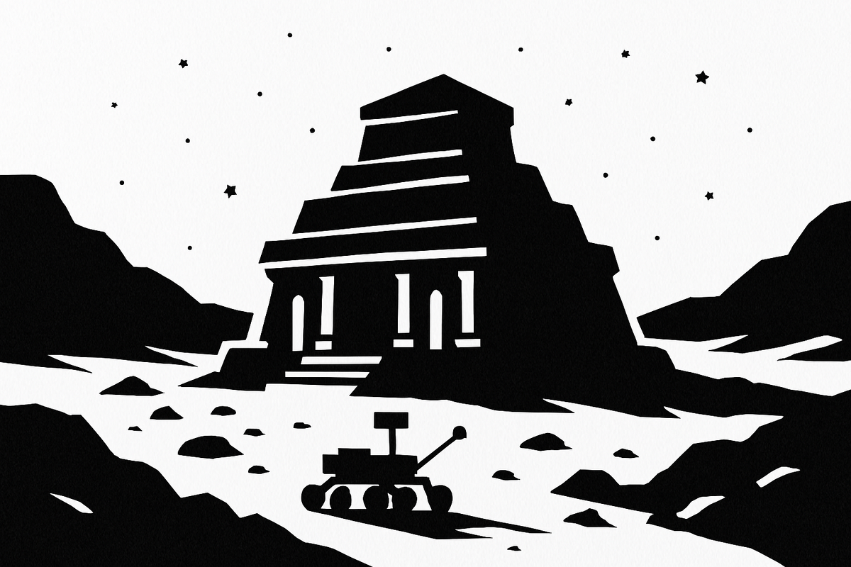 Марсианский храм: силуэт древней структуры на фоне звёздного неба и безмолвного ландшафта.