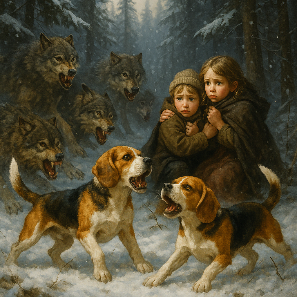 Щенки-бигли защищают детей от волков в тайге