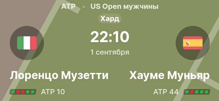 Сложный следующий матч для обозревания. Музетти не в лучшей своей форме, но впервые вошёл в топ 10. Муньяр показывает одну из лучших версий себя за 27 лет, но тем не менее 44 строчка. Оба имеют много последних поражения среди средняков. Но что интересно, в 5 личных встречах, Муньяр одержал 4 победы. Считаю что Музетти должен отыгрываться сегодня, матч принципиальный.
