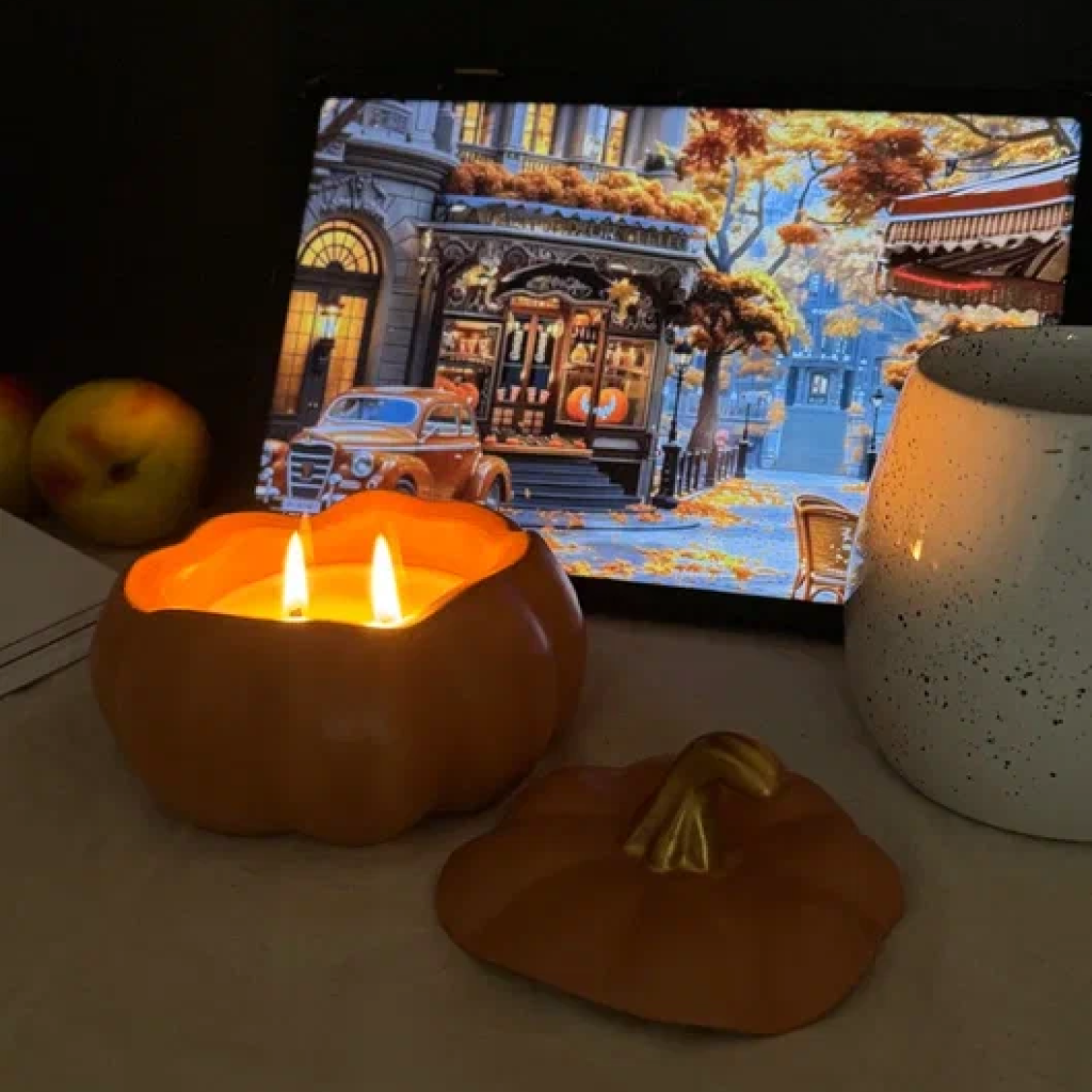 Начало уютного вечера: свеча-тыква, книга и чай