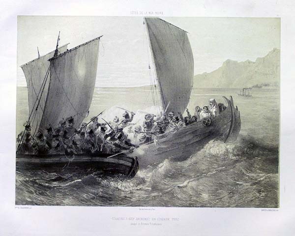 Литография "Азовские казаки берут на абордаж турецкое пиратское судно с пленёнными черкешенками". Лист из альбома "Живописный Кавказ" ("Le Caucase pittoresgue dessiné d'après nature par le prince Grégoire Gagarine avec une introduction et un texte explicatif par le compte Ernest Stackelberg"). Автор рисунка: Гагарин, Григорий Григорьевич (Gagarine Grégoire) (1810 - 1893). 1847 год.