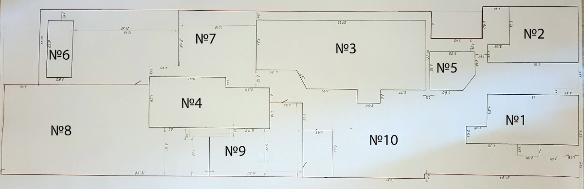 План всей территории. Объект №3-245кв.м.,   объект №1- 131,3кв.м,   объект №4-98кв.м.,   объект №2-67,2кв.м.,   объект №5-34кв.м..  Земля под всеми объектами - 1289кв.м. 