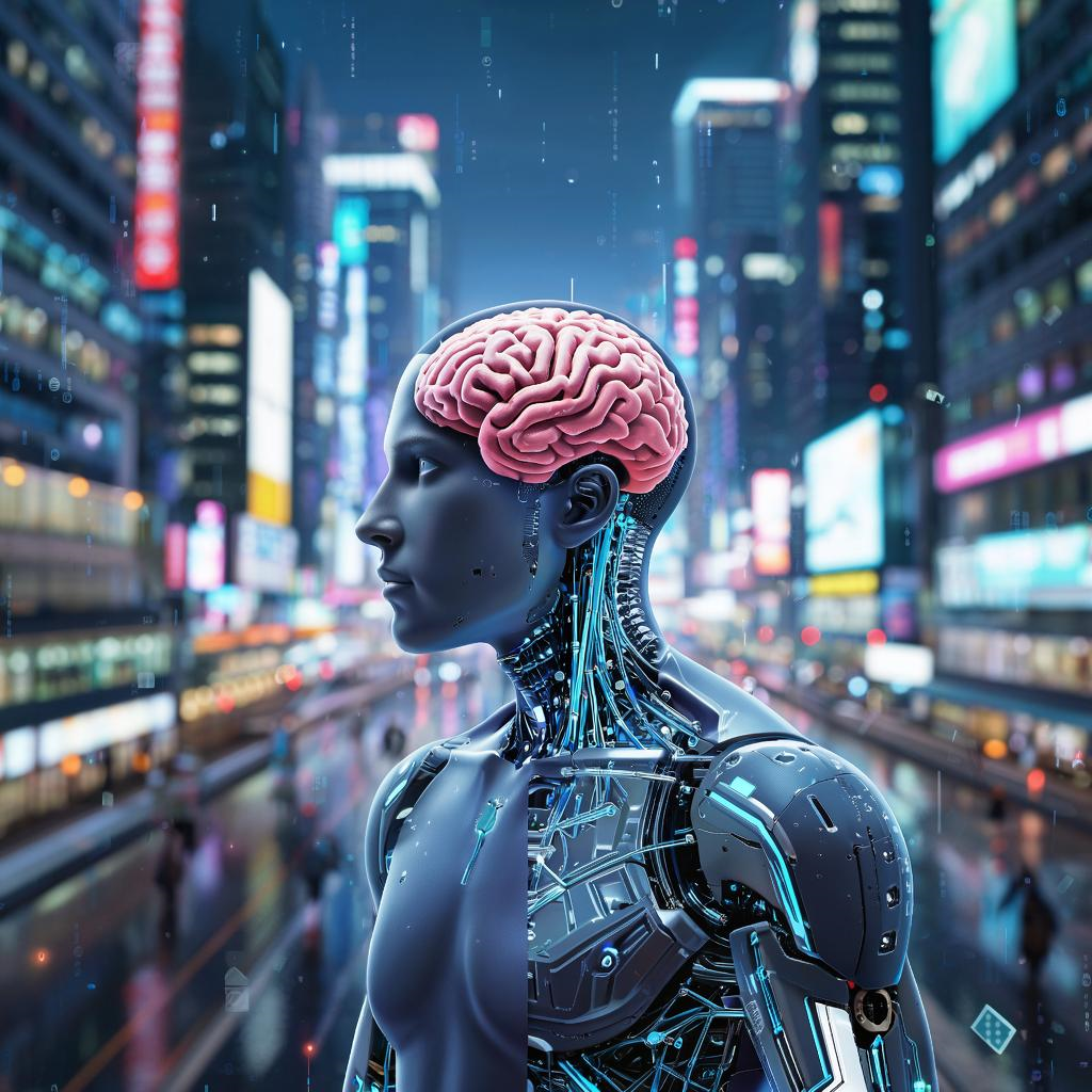 Изображеник человека, чье сознание гармонично переплетено с компьютерными технологиями. Его мозг визуально соединен с цифровыми потоками информации, демонстрируя единство природного и искусственного интеллекта. Фигура находится на границе двух миров — материального и цифрового, символизируя переходное состояние человечества в эру глубокого симбиоза с технологиями. Изображение выполнено в стиле киберпанк-футуризма, насыщенное яркими контрастными цветами, подчеркивающими драматичность и философскую глубину происходящих перемен.