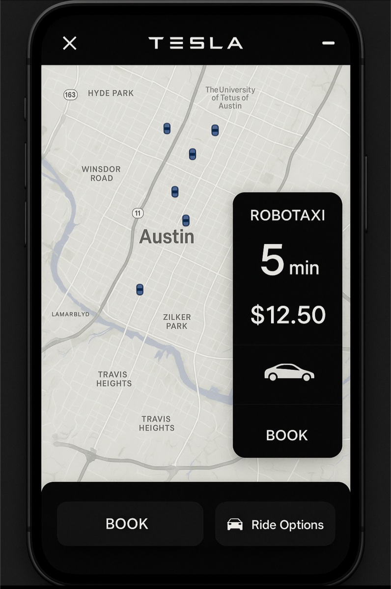 Интерфейс мобильного приложения Tesla для вызова автономного такси в Остине