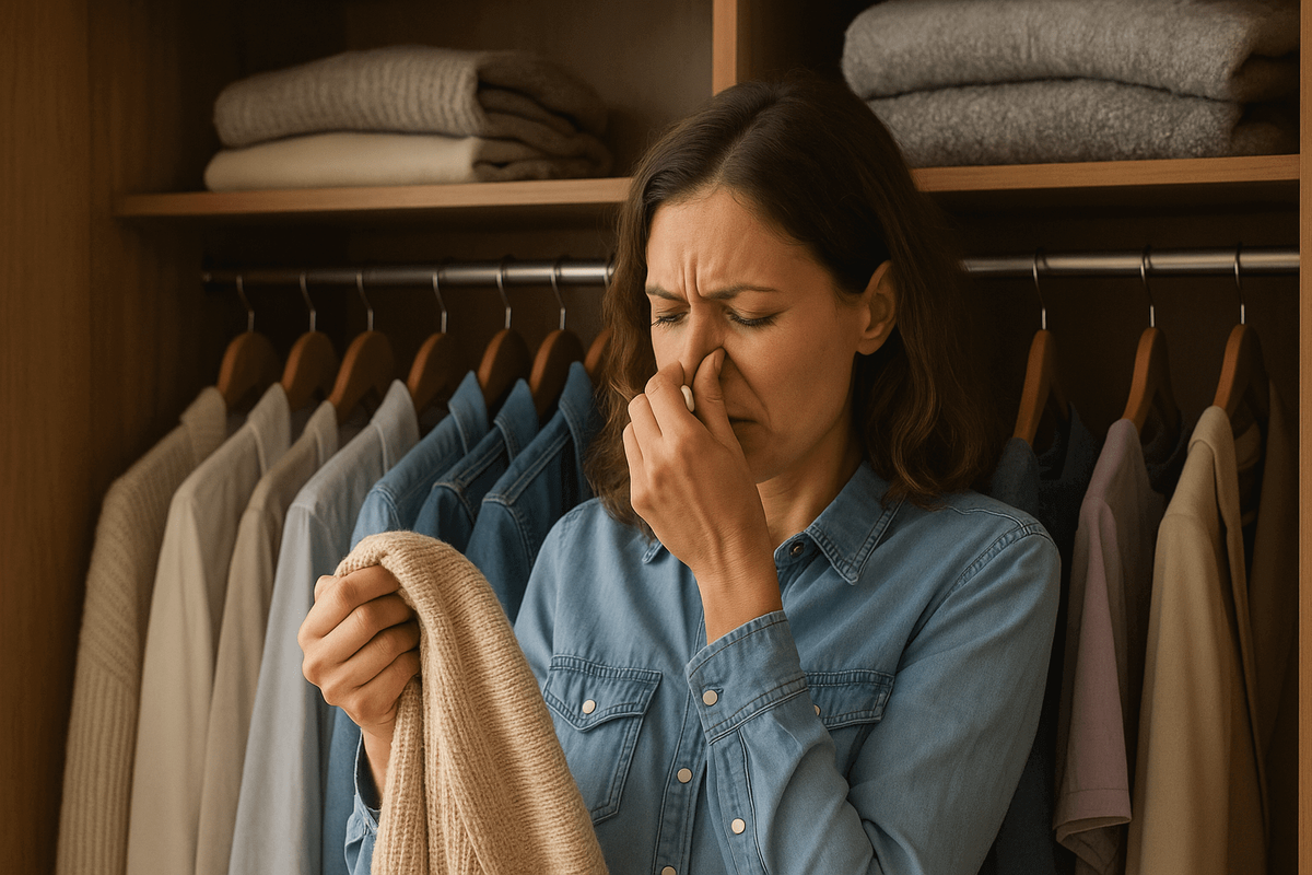    Почему в шкафу всегда появляется неприятный запах, и даже недавно постиранные вещи быстро теряют там свежесть?!