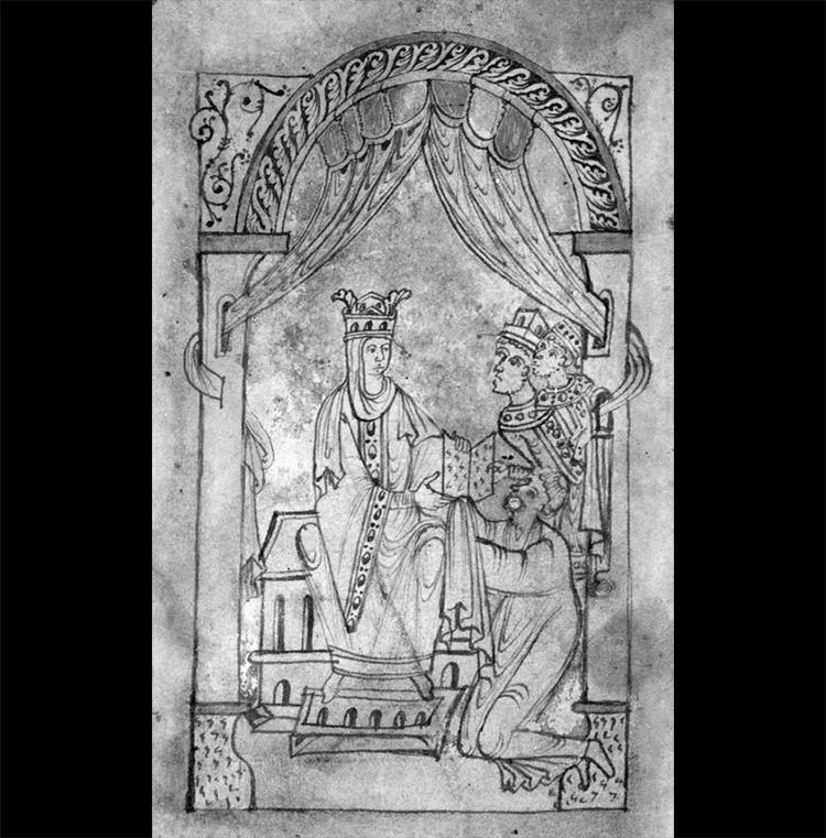 На панегирике Эммы, написанном в XI веке (работа, которая восхваляет), Эмма изображена с монахом, автором книги, стоящим на коленях, и ее сыновьями, Хардекнутом и Эдуардом Исповедником, рядом с ней