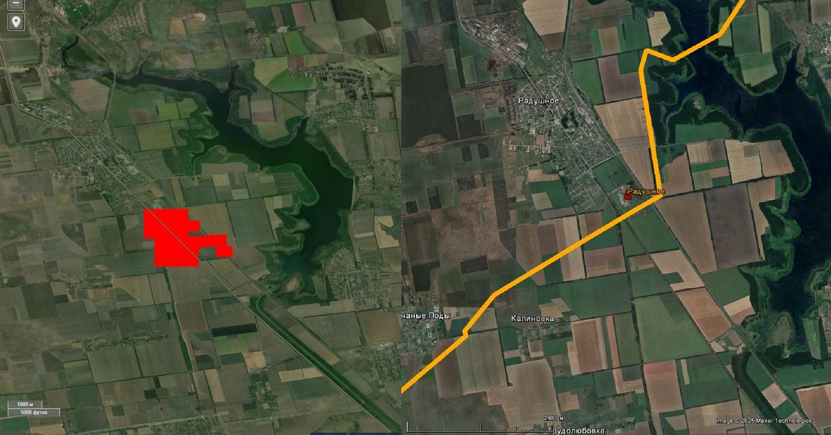 Слева – информация о пожаре на сайте FIRMS, справа – расположение ГКС и магистральных газопроводов