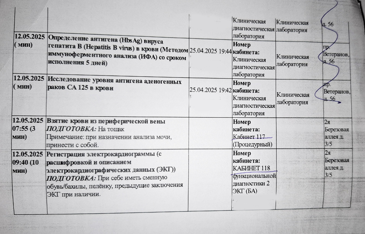 Направления на анализы крови и ЭКГ