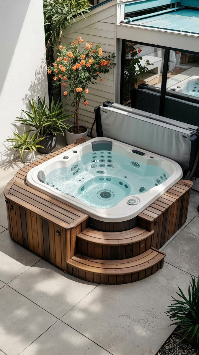 Хотите сделать свой мини бассейн спа на открытом воздухе ещё более комфортным и интересным? Уличная гидромассажная джакузи может выглядеть как уютная терраса с бассейном, если добавить многоуровневые ступени. Подумайте о том, чтобы добавить приставные столики для аксессуаров и напитков в джакузи. Изогнутая форма создаст идеальное пространство вокруг джакузи для дружеских посиделок. Ваши гости оценят удобное место, где можно посидеть до и после принятия ванны.