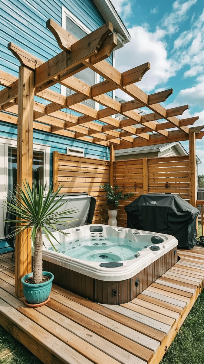 Установите современную решетчатую деревянную перегородку вокруг мини бассейна спа— это стильно и функционально. Она защитит от ветра и посторонних глаз, одновременно пропуская свет и свежий воздух. Вы можете подобрать цвет морилки к цвету вашей террасы, чтобы создать гармоничный и продуманный дизайн.