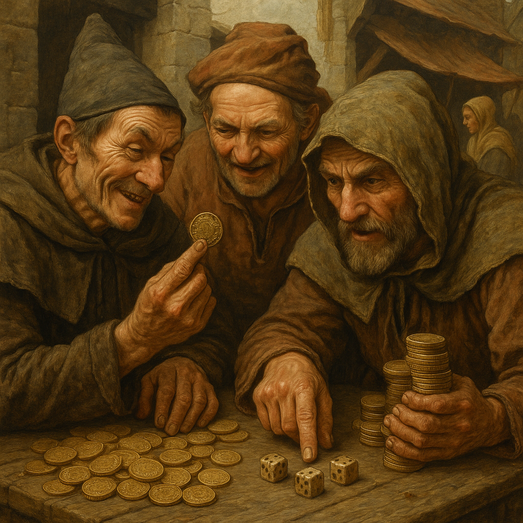 Средневековые мошенники с поддельными монетами и игральными костями
