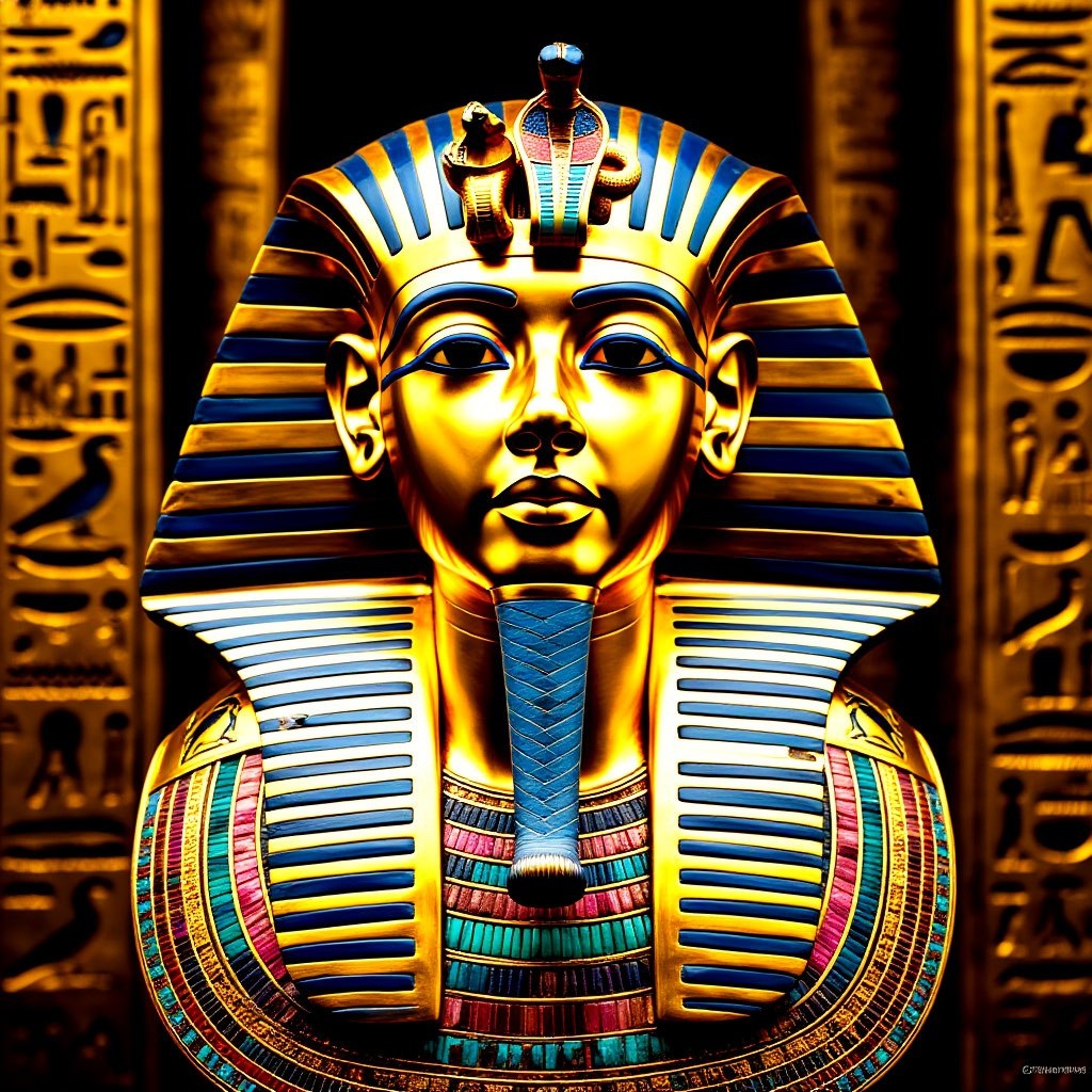 Яркая золотая маска Тутанхамона, окруженная сверкающими драгоценностями и древними иероглифами, словно из сказки о царском богатстве