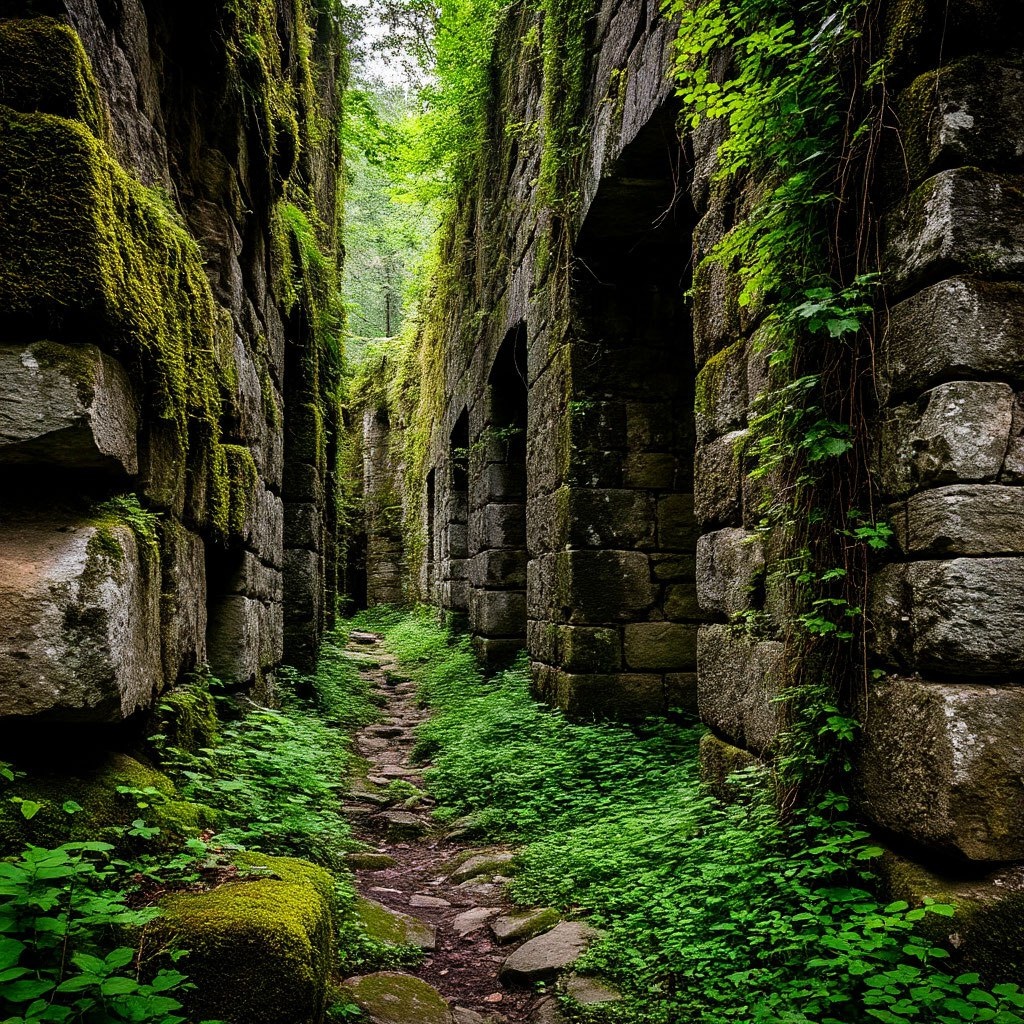 Красочное изображение древних каменных стен, покрытых мхом и лианами, словно из сказки о потерянном городе.