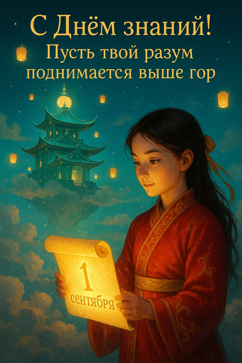 Открытка из серии «С Днём знаний в китайском стиле» создана по моей задумке с помощью нейросети.