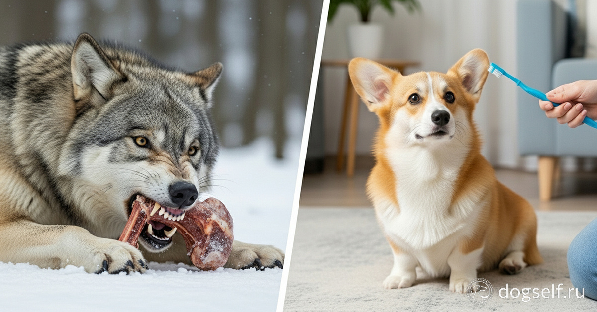 Сравнение: волк в лесу чистит зубы о кость, а домашний корги подозрительно смотрит на зубную щётку. Иллюстрация DogSelf к статье, объясняющей, почему домашним собакам, в отличие от диких волков, необходима регулярная чистка зубов | Изображение: DogSelf
