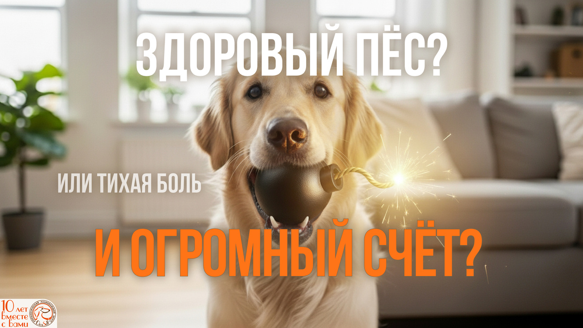 Счастливый золотистый ретривер держит в пасти мультяшную бомбу с горящим фитилём, при этом видны его зубы. Мощная метафора от DogSelf для статьи о скрытых опасностях проблем с зубами у собак и важности регулярной гигиены | Изображение: DogSelf