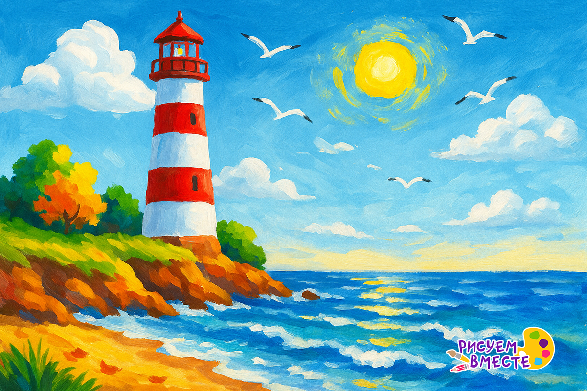 Летний рисунок красками - маяк, море, чайки