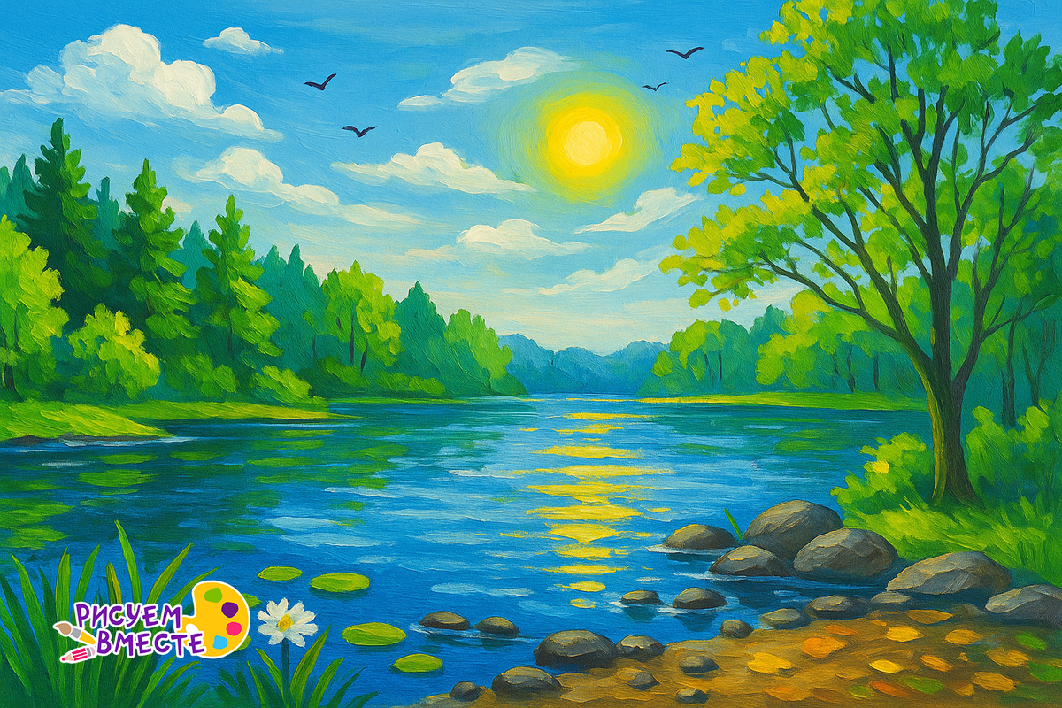 Летний рисунок красками - озеро, лес