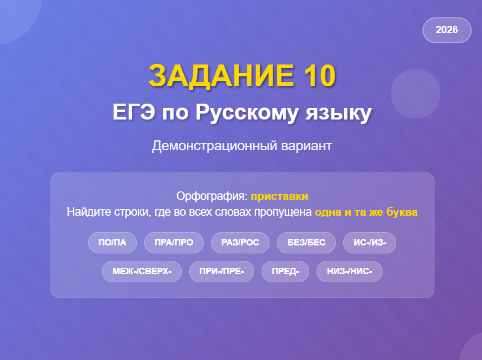 Демонстрационный вариант ЕГЭ-2026 по русскому языку: разбор задания 10 (приставки)