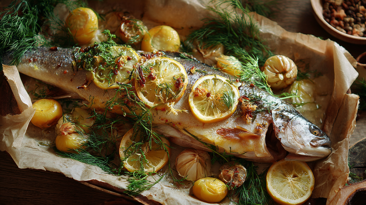 Сибас с чесноком, топлёным маслом и лимоном