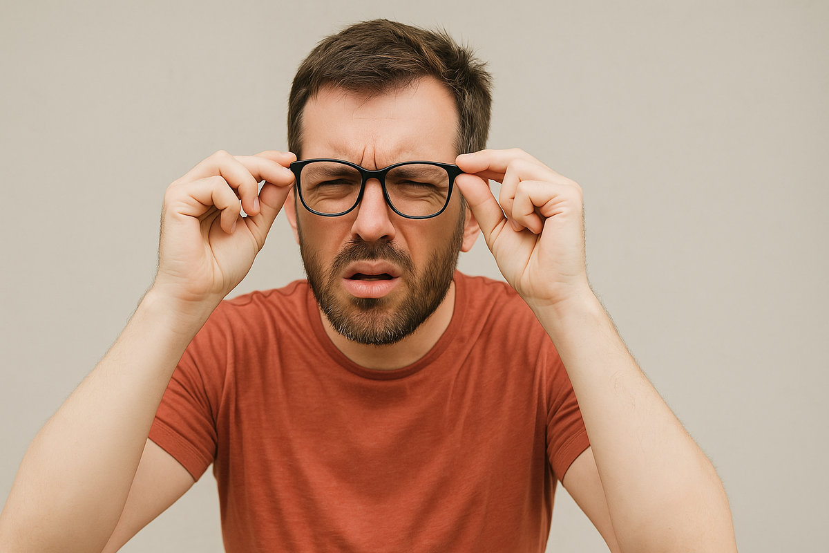 Мужчина в очках щурится