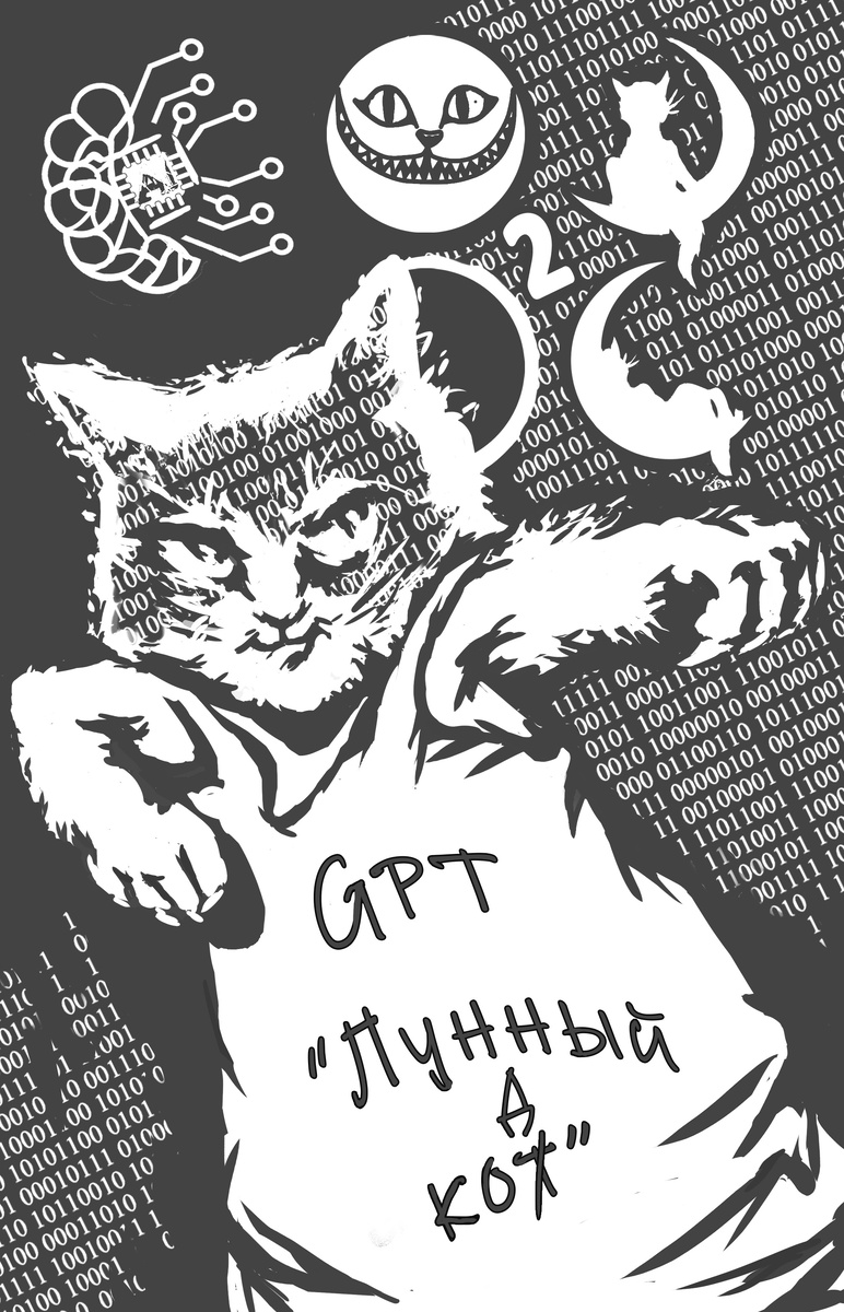 "Лунный кот Cat GPT", иллюстрация на тему наличия юмора у ИИ (AI), комп, руки, без AI. 2025, Кожевников А.В.