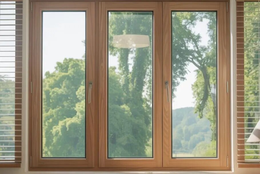 Окно с рамами из лиственницы. Такая древесина устойчива к влаге и перепадам температур, отличается красивой текстурой, но требует регулярного ухода для сохранения долговечности.