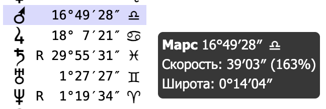 Например, тут Марс (выделен цветом) находится в Знаке Весов.