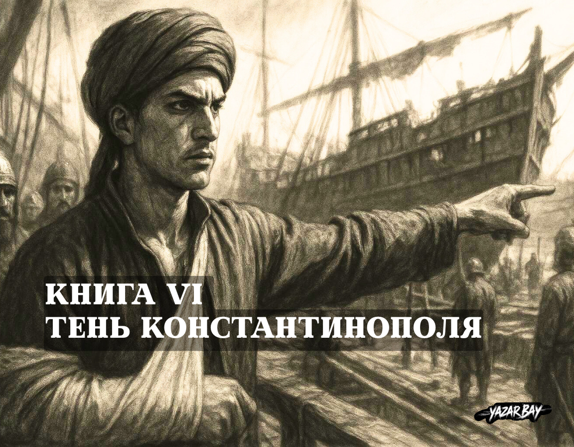 Молодой шехзаде Орхан, с перевязанной рукой после боя, в порту Киоса отдает приказы воинам, его лицо полно новой, суровой решимости. ©Язар Бай