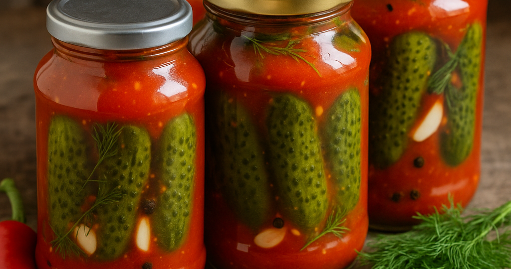 Огурцы в томатной заливке с чесноком на зиму 🍅🥒