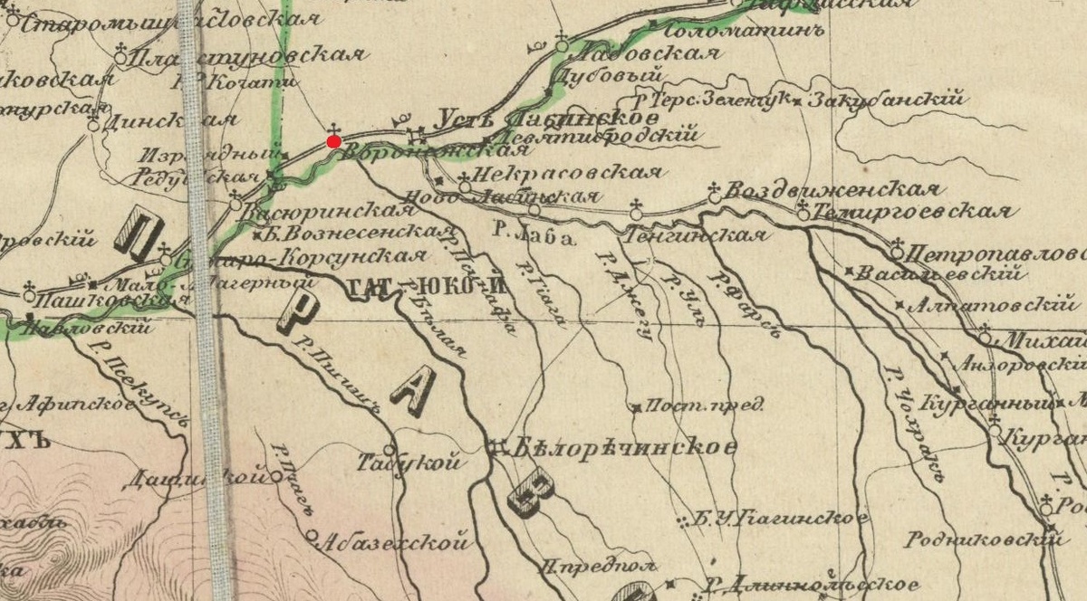 Станица Воронежская на карте 1858 года на месте кордона "Воронежский" 1792 года