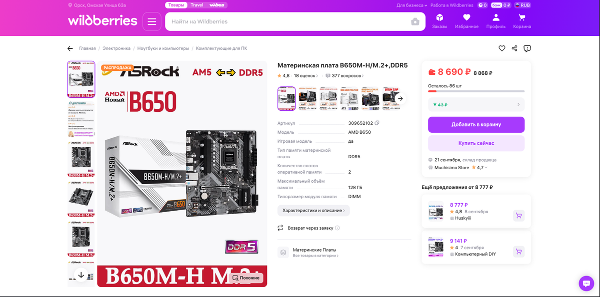 Страница товара на WB (снимок делал днем)