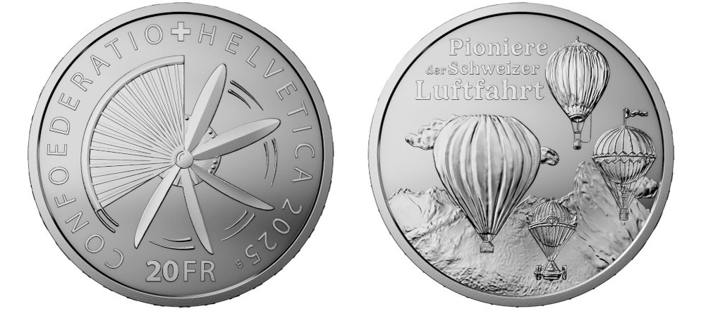   Швейцарская серебряная монета 20 франков 2025 Пионеры авиации - Каталог монет