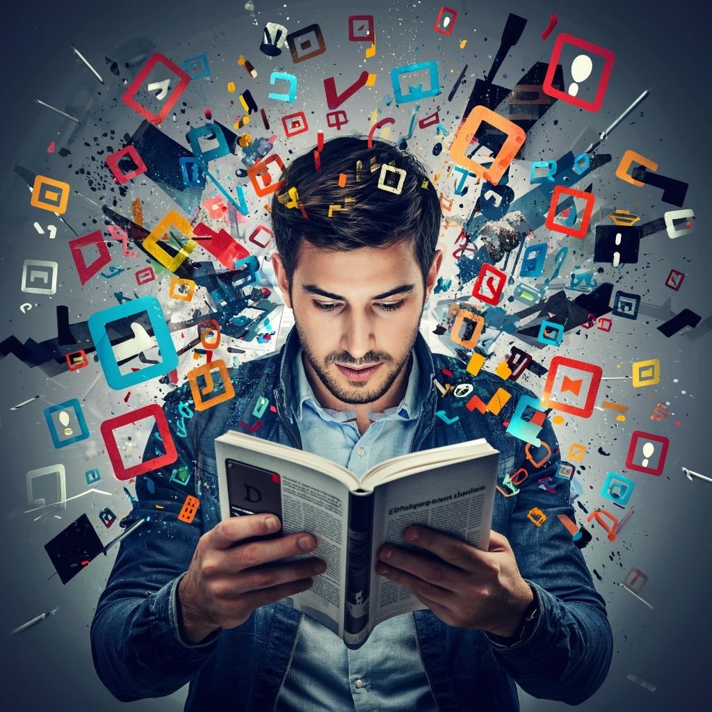  Картинка изображает мужчину, полностью захваченного смартфоном, окружённого символами хайпа, цифровым шумом и тревожащими знаками современности. Яркие цвета и динамичные формы передают энергию и напряжение момента, а сюрреалистические детали добавляют глубины и загадки.