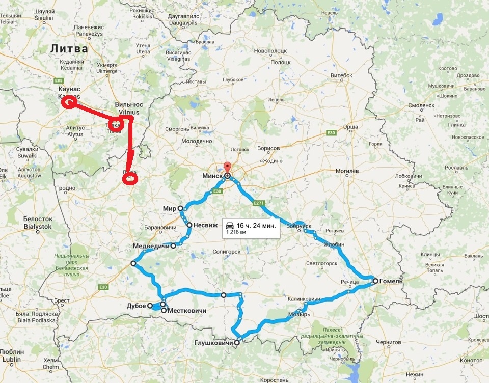 Маршрут Лида- Вильнюс- Тракай- Каунас и обратно. Красная линия на карте.
