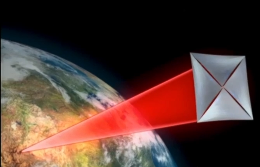 Кадр из презентации Юрия Мильнера 12 апреля 2016 года на котором изображен парус, разгоняемый лазерным излучением